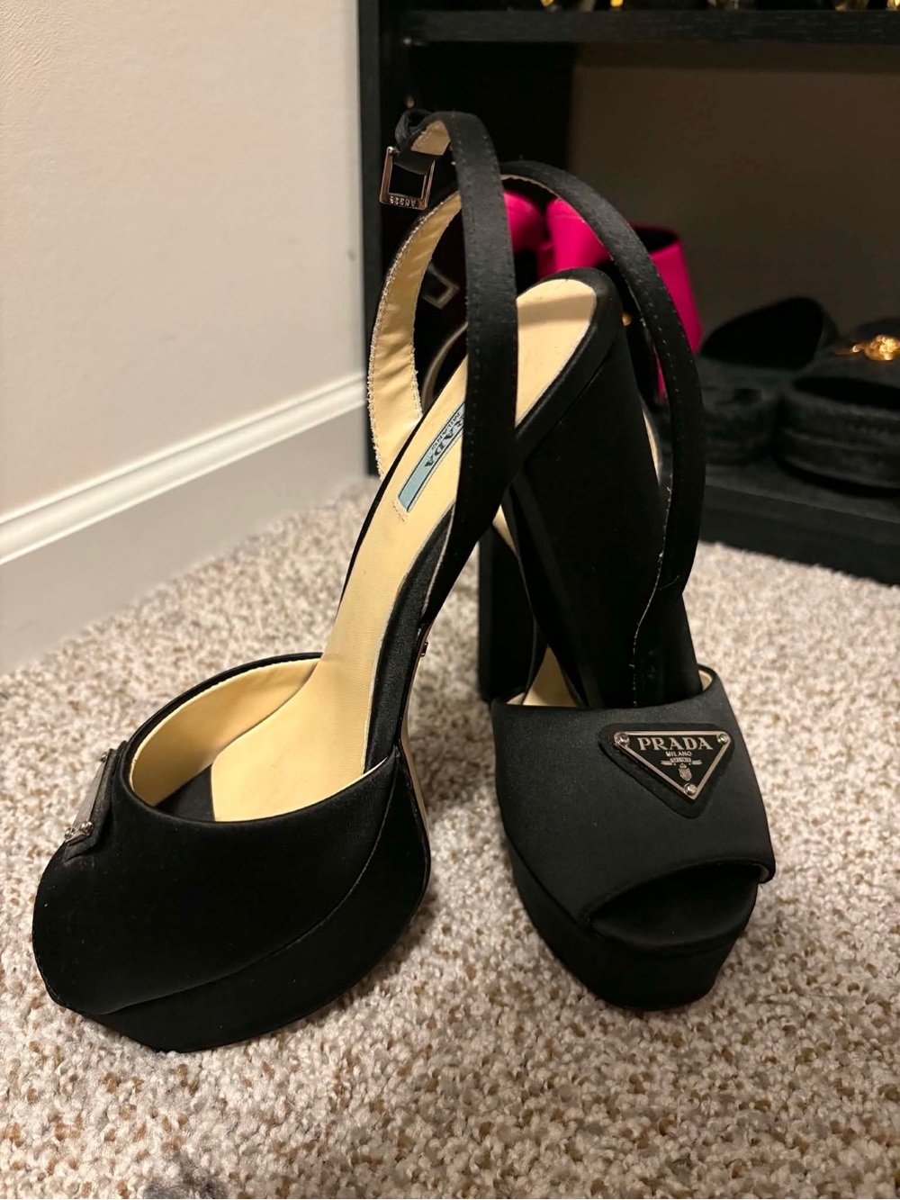 Prada Black Satin Platform Slingback Peep-Toe Heels